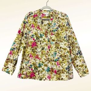 Christopher & Banks Floral Popover Top Blouse Size Large Cream Green 100% Cotton